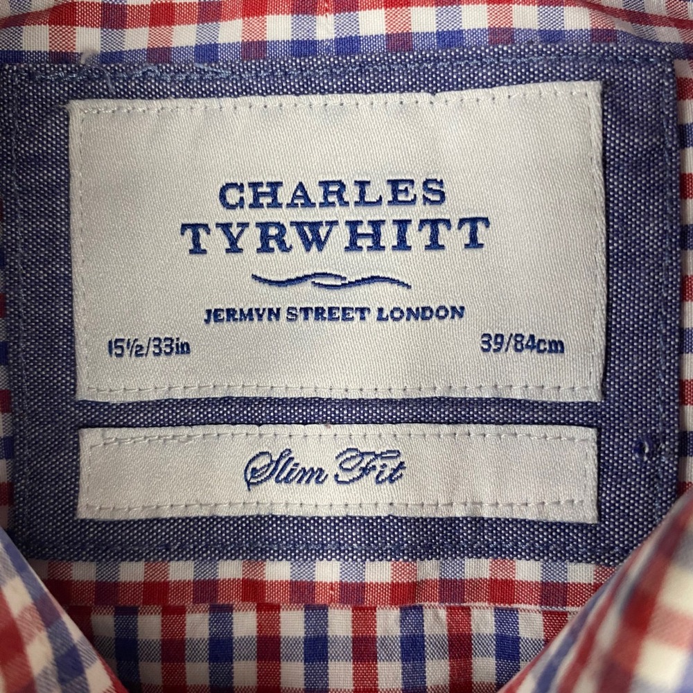 Charles Tyrwhitt Shirt Mens 15.5/33 Red Blue Gingham Slim Fit Cotton Button Down - Picture 2 of 8
